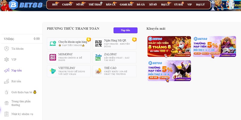 Nạp tiền Bet88 - Cách thực hiện chi tiết cho từng phương thức